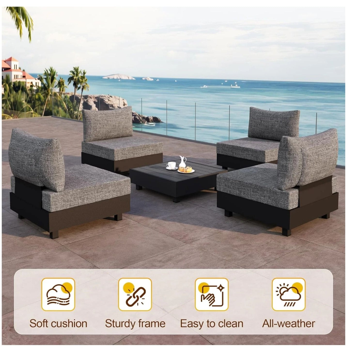 Patio Sectional Set With Modular Armless Chairs And Coffee Table - Gray