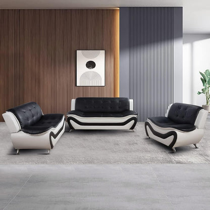Living Room Furniture Set, Faux Leather Sofa Couch Set, 3 Pieces Modern Sofa Set for Living Room/Apartment/Office (Black&White)