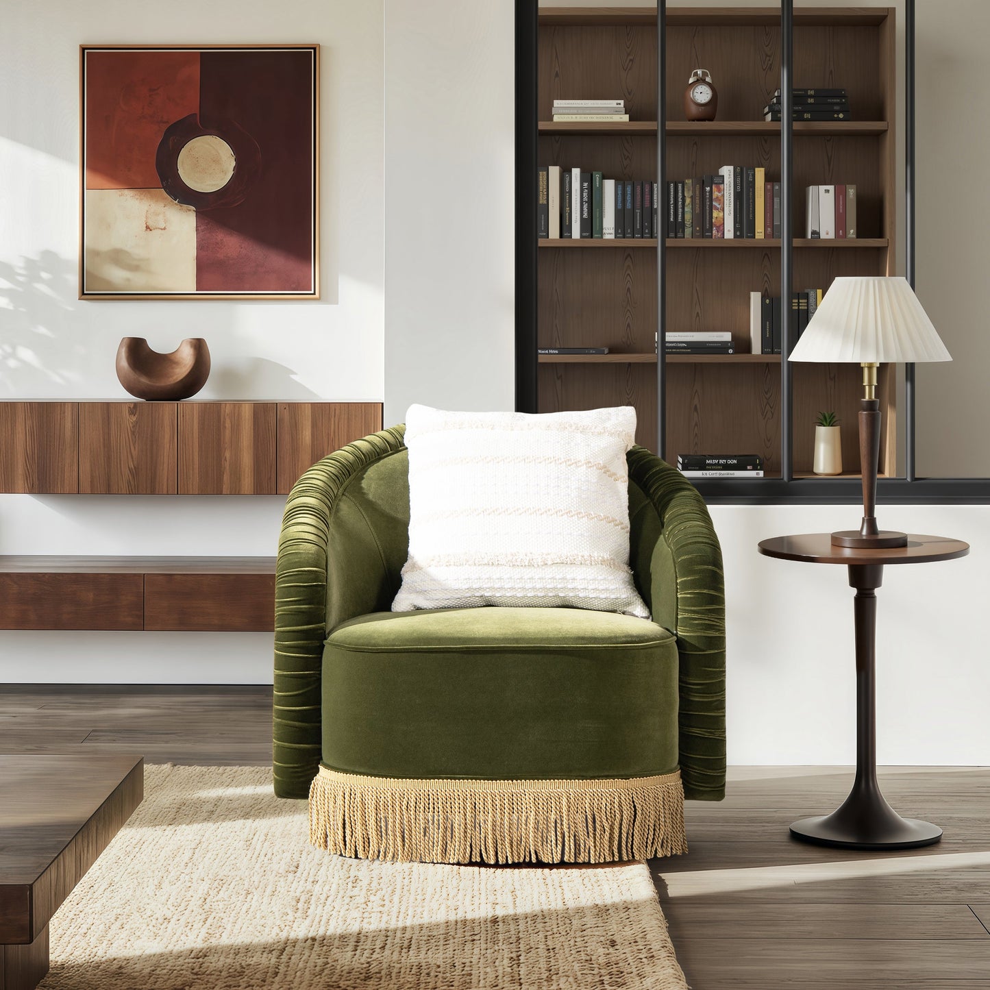 Serena 31.5" Ruched Barrel Back Accent Arm Chair with Bullion Fringe, Olive