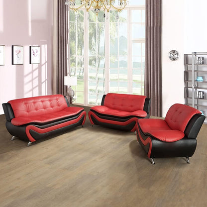 Living Room Furniture Set, Faux Leather Sofa Couch Set, 3 Pieces Modern Sofa Set for Living Room/Apartment/Office (Black&Red)
