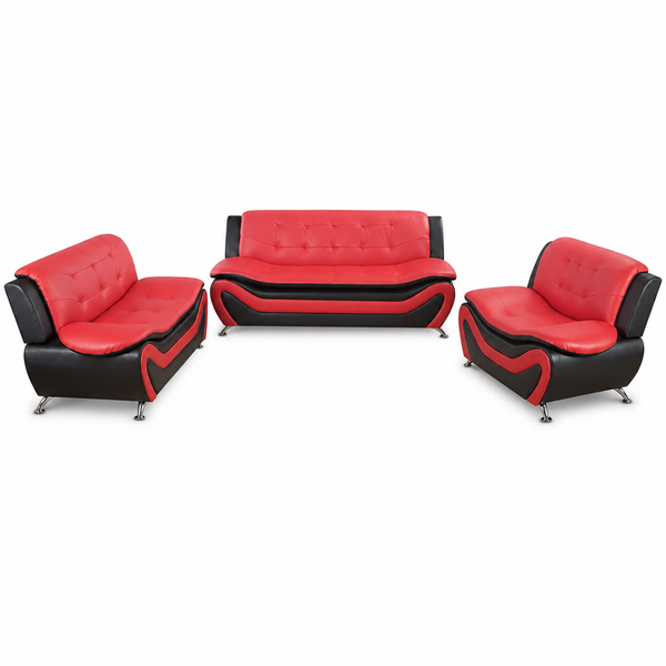 Living Room Furniture Set, Faux Leather Sofa Couch Set, 3 Pieces Modern Sofa Set for Living Room/Apartment/Office (Black&Red)