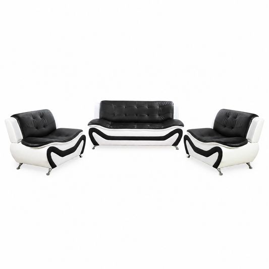 Living Room Furniture Set, Faux Leather Sofa Couch Set, 3 Pieces Modern Sofa Set for Living Room/Apartment/Office (Black&White)