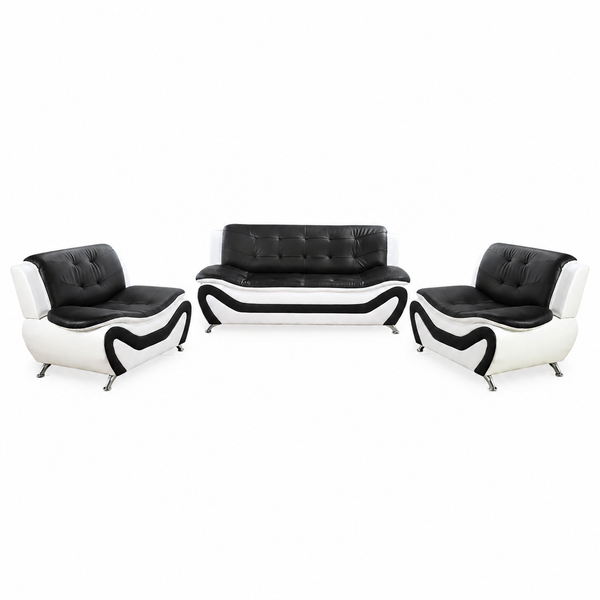 Living Room Furniture Set, Faux Leather Sofa Couch Set, 3 Pieces Modern Sofa Set for Living Room/Apartment/Office (Black&White)