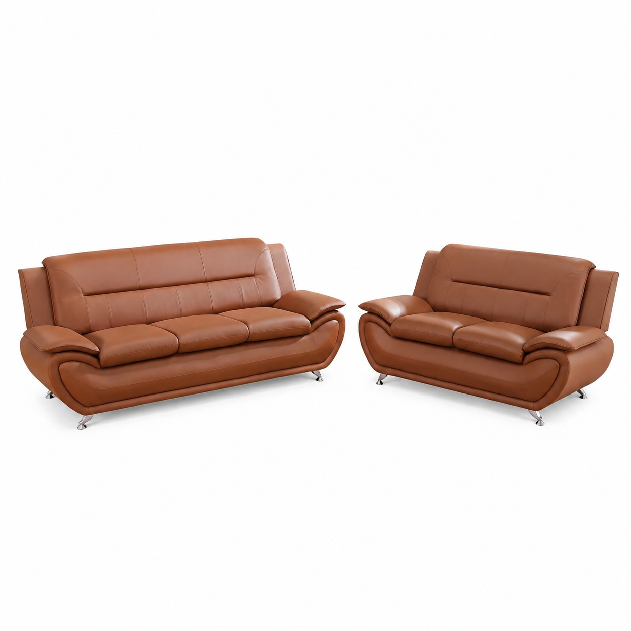 Faux Leather 2 Piece Sofa Set, Modern Orange Living Room Couch and Loveseat with Solid Wood Frames, Foam Filled, Button Tufted