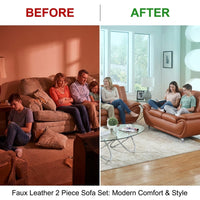 Faux Leather 2 Piece Sofa Set, Modern Orange Living Room Couch and Loveseat with Solid Wood Frames, Foam Filled, Button Tufted — Before & After