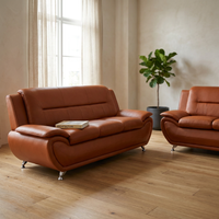 Faux Leather 2 Piece Sofa Set, Modern Orange Living Room Couch and Loveseat with Solid Wood Frames, Foam Filled, Button Tufted — Studio Shot