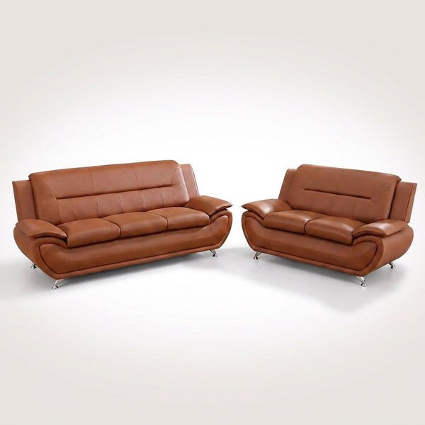 Faux Leather 2 Piece Sofa Set, Modern Orange Living Room Couch and Loveseat with Solid Wood Frames, Foam Filled, Button Tufted — Studio Shot