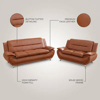 Faux Leather 2 Piece Sofa Set, Modern Orange Living Room Couch and Loveseat with Solid Wood Frames, Foam Filled, Button Tufted — infographic