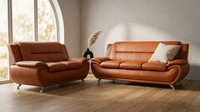 Faux Leather 2 Piece Sofa Set, Modern Orange Living Room Couch and Loveseat with Solid Wood Frames, Foam Filled, Button Tufted — Lifestyle