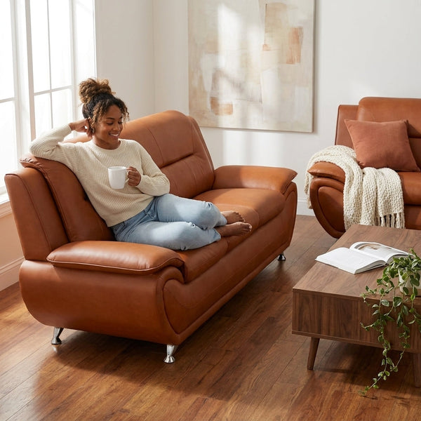 Faux Leather Sofa Set Crafted for Modern Living, Solid Wood Frame, Button Tufted, Orange Upholstery