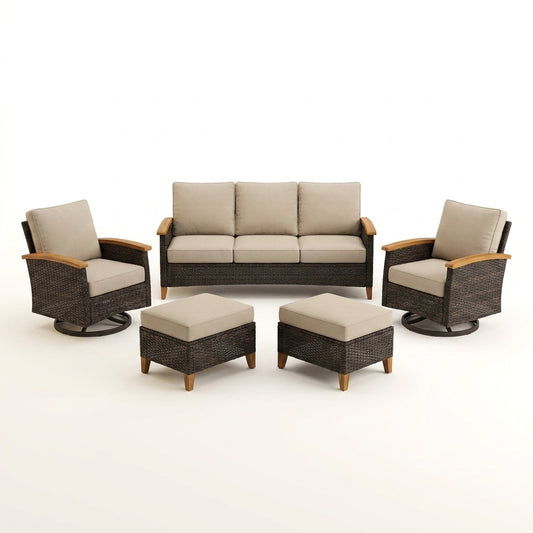 Luxury Outdoor Wicker Patio Furniture Set,5 Piece Deep Seating Outdoor Conversation Set with Patio Swivel Rocker Patio Chairs,Rattan Couch and Ottomans for Deck Porch Poolside — Studio Shot
