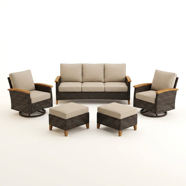 Luxury Outdoor Wicker Patio Furniture Set,5 Piece Deep Seating Outdoor Conversation Set with Patio Swivel Rocker Patio Chairs,Rattan Couch and Ottomans for Deck Porch Poolside — Studio Shot