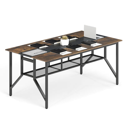 Rectangular Meeting Table with Mesh Storage Shelf and Cable Grommet-Rustic Brown