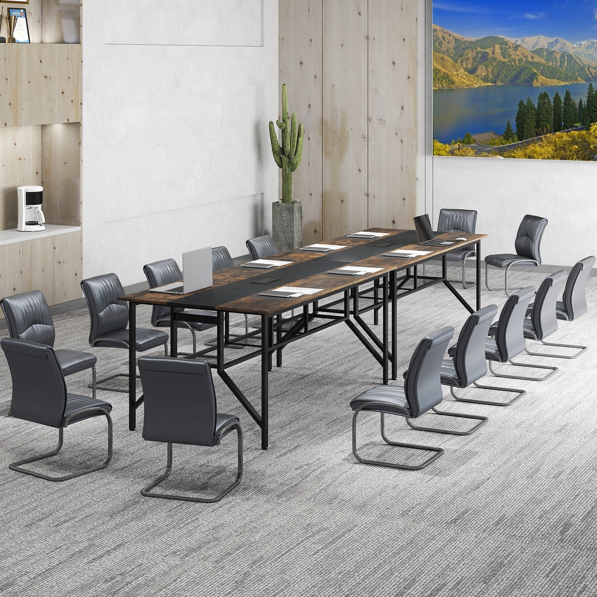 Rectangular Meeting Table with Mesh Storage Shelf and Cable Grommet-Rustic Brown