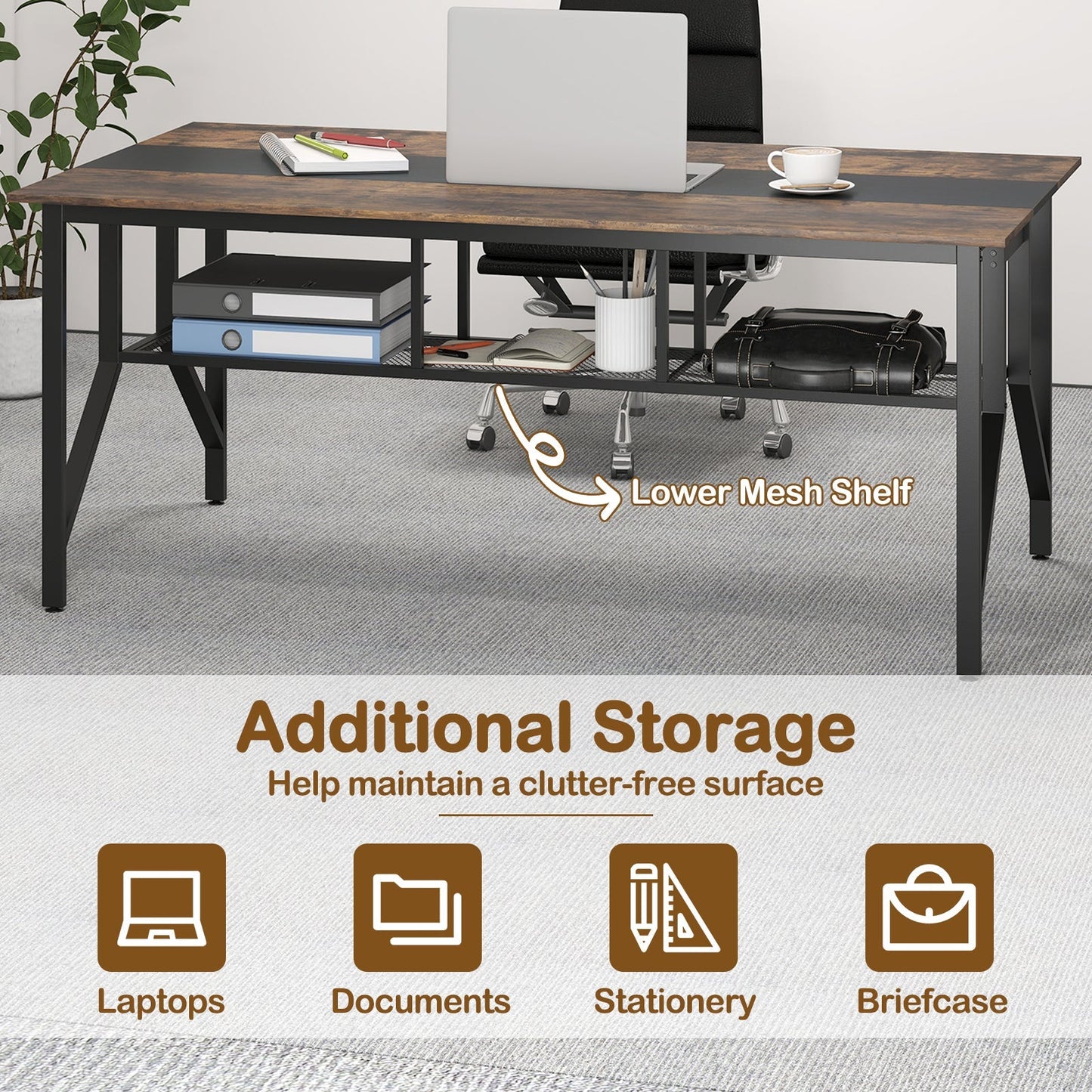 Rectangular Meeting Table with Mesh Storage Shelf and Cable Grommet-Rustic Brown