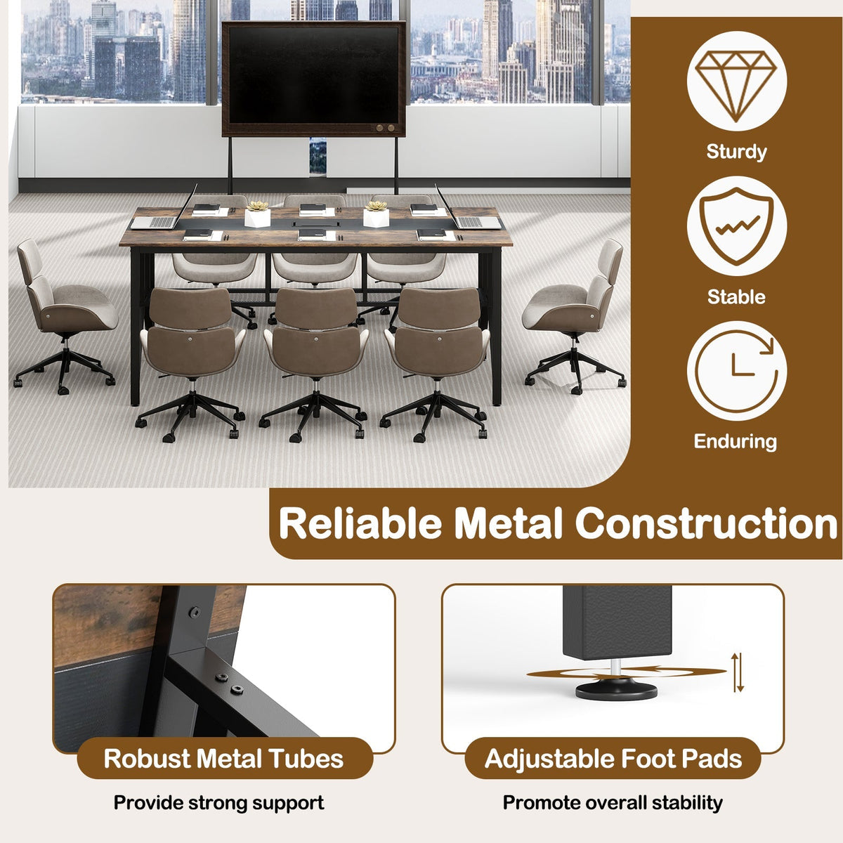 Rectangular Meeting Table with Mesh Storage Shelf and Cable Grommet-Rustic Brown