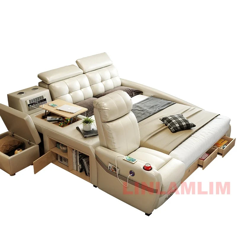 Ultimate Tech Smart Genuine Leather Bed with Massage Chair, Speaker, Air Purifier & USB – Luxury Multifunctional Platform Bed