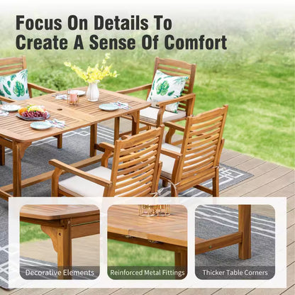 Brown 7-Piece Wood Patio Outdoor Dining Set with Extendable Table and Wood Chairs with Beige Cushion