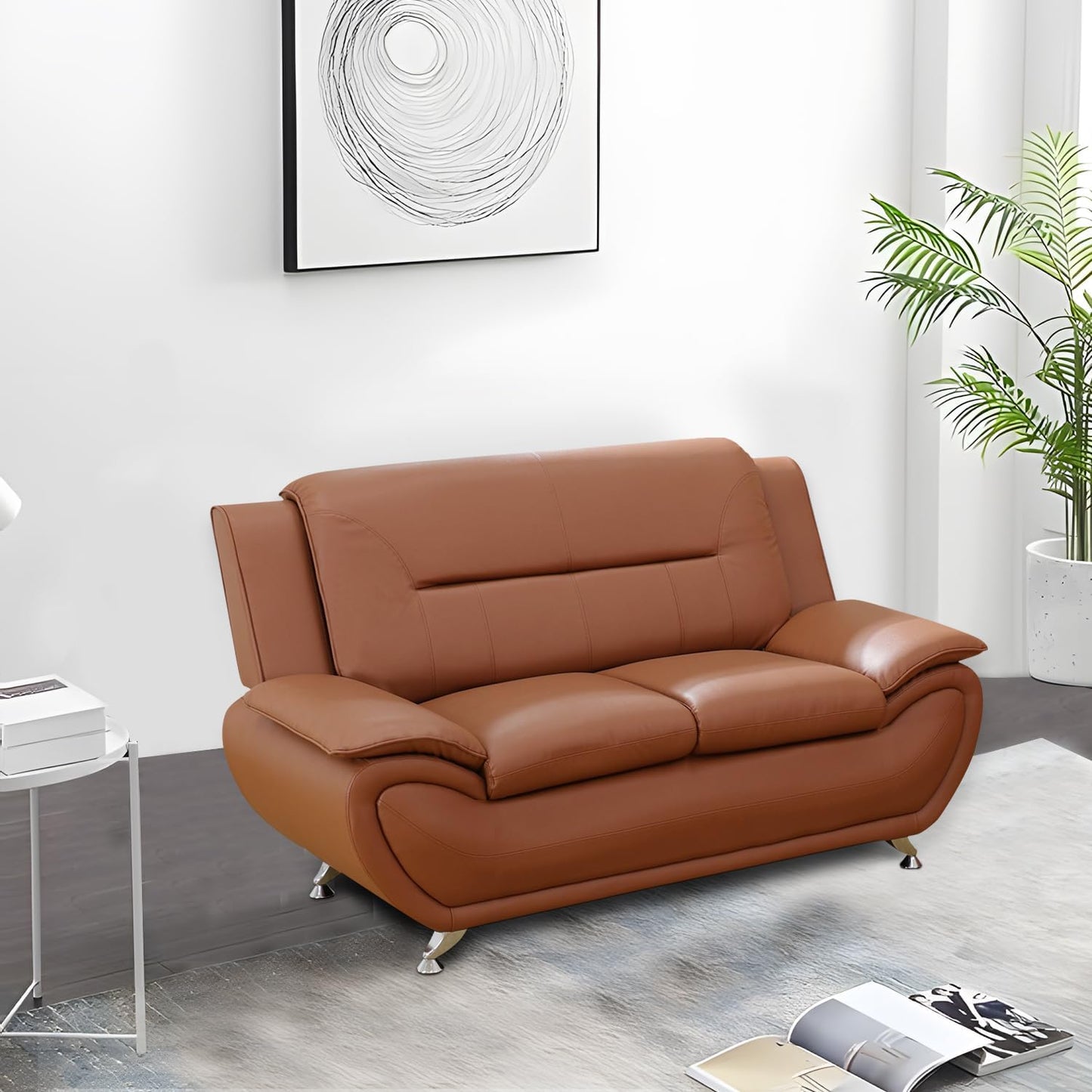 Faux Leather 2 Piece Sofa Set, Modern Orange Living Room Couch and Loveseat with Solid Wood Frames, Foam Filled, Button Tufted