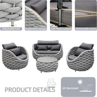Outdoor Patio Furniture Set Built for All-Weather Comfort, Rust-Proof Aluminum, UV-Resistant Rope, Thick Cushions