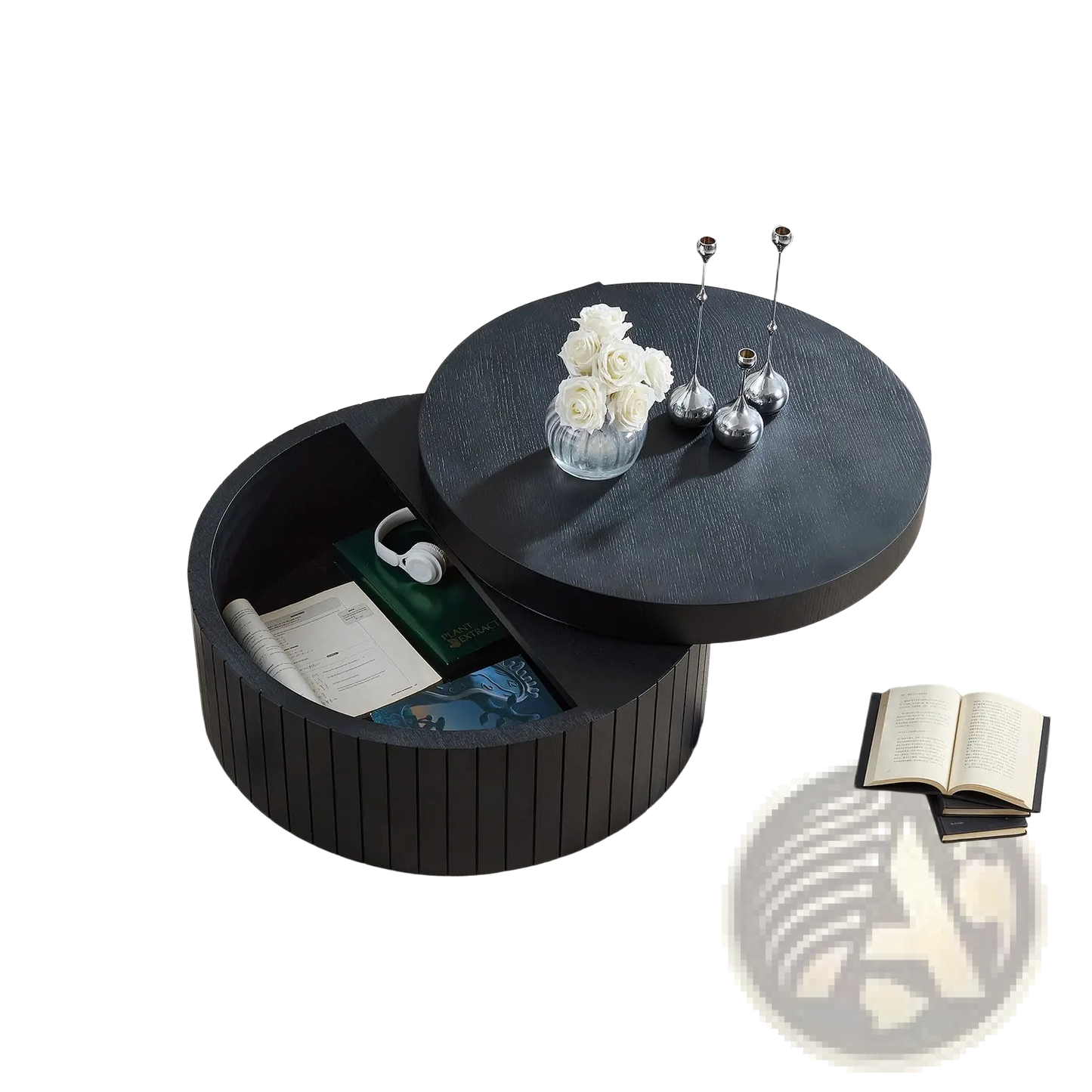 Black Round Coffee Table with Storage and Slatted Base