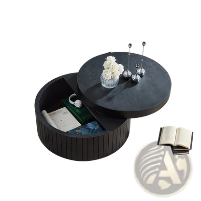 Black Round Coffee Table with Storage and Slatted Base