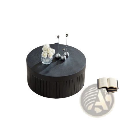 Black Round Coffee Table with Storage and Slatted Base