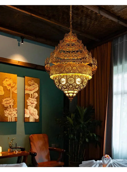 Bohemian Retro Chandelier Luxury Iron Golden Pendant Light Living Dining Hotel Coffee Shop Exhibition Hall Indoor Lamp