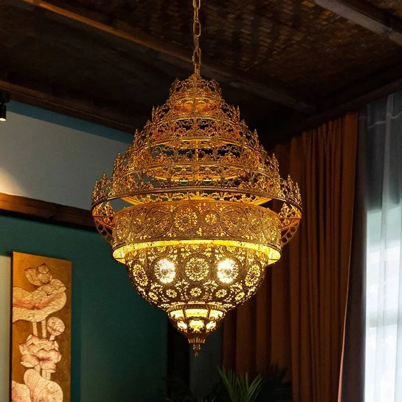 Bohemian Retro Chandelier Luxury Iron Golden Pendant Light Living Dining Hotel Coffee Shop Exhibition Hall Indoor Lamp