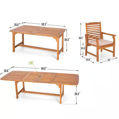 Brown 7-Piece Wood Patio Outdoor Dining Set with Extendable Table and Wood Chairs with Beige Cushion