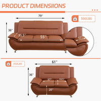 Faux Leather 2 Piece Sofa Set, Modern Orange Living Room Couch and Loveseat with Solid Wood Frames, Foam Filled, Button Tufted