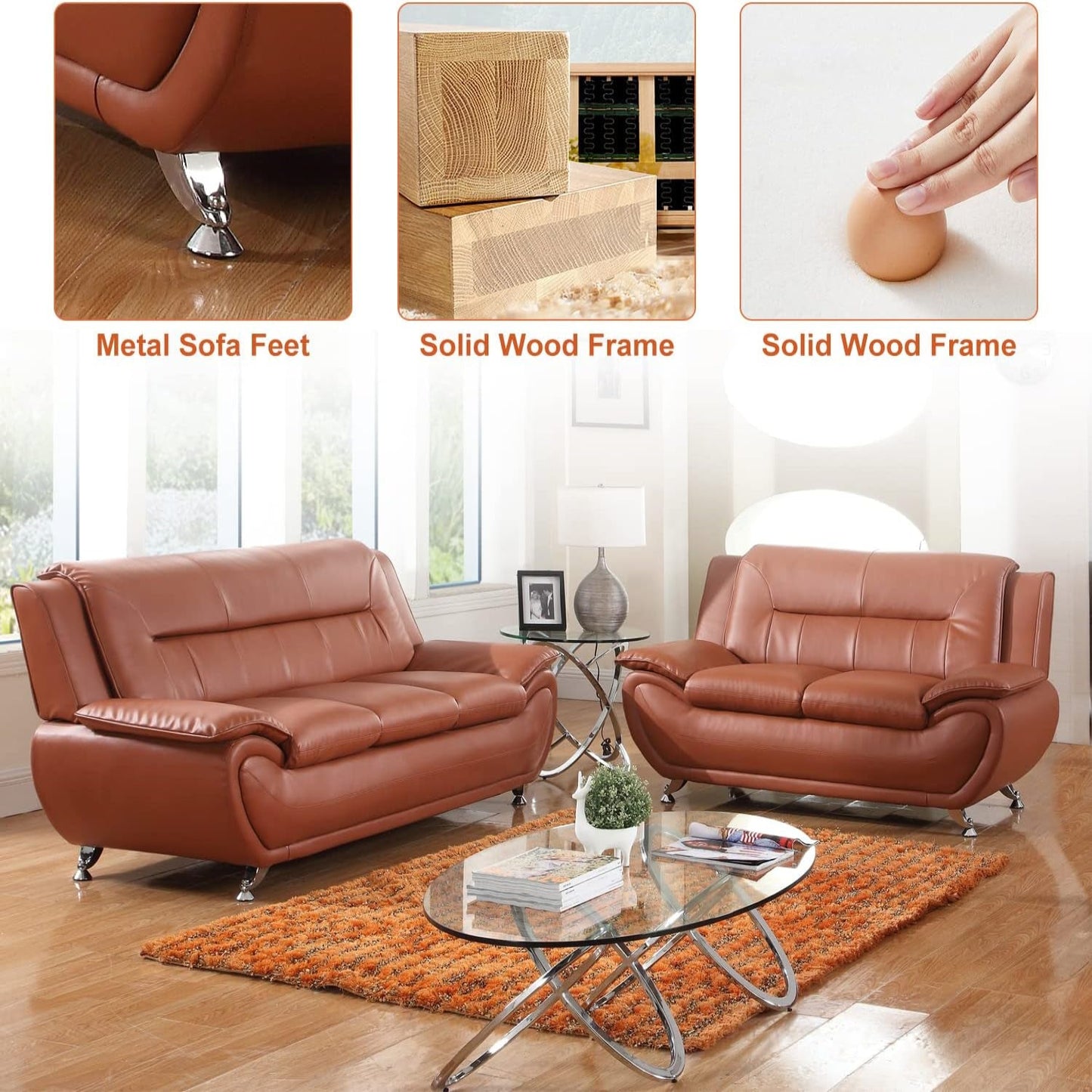 Faux Leather 2 Piece Sofa Set, Modern Orange Living Room Couch and Loveseat with Solid Wood Frames, Foam Filled, Button Tufted