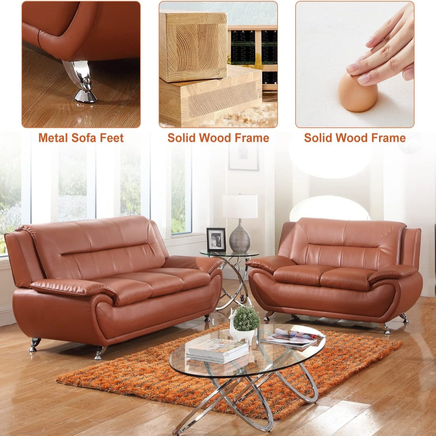 Faux Leather 2 Piece Sofa Set, Modern Orange Living Room Couch and Loveseat with Solid Wood Frames, Foam Filled, Button Tufted