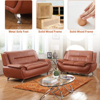 Faux Leather 2 Piece Sofa Set, Modern Orange Living Room Couch and Loveseat with Solid Wood Frames, Foam Filled, Button Tufted