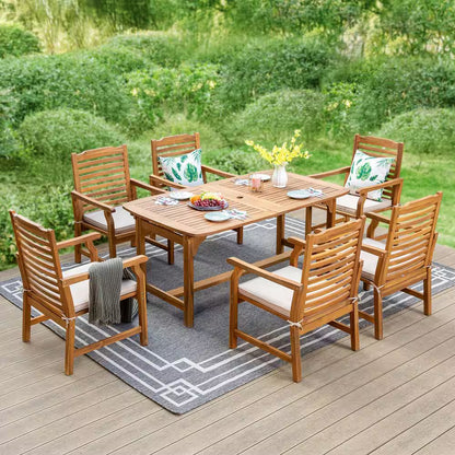 Brown 7-Piece Wood Patio Outdoor Dining Set with Extendable Table and Wood Chairs with Beige Cushion