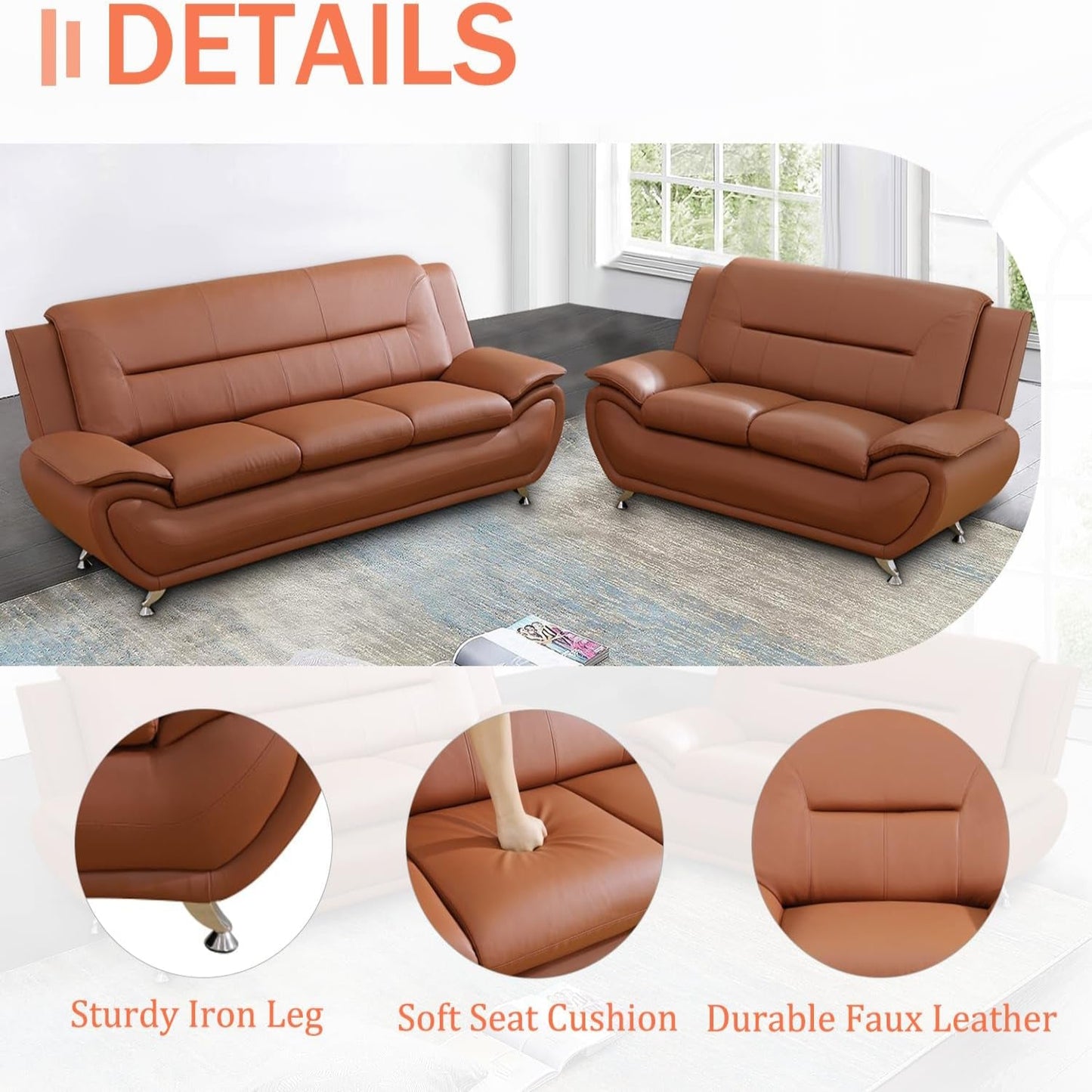 Faux Leather 2 Piece Sofa Set, Modern Orange Living Room Couch and Loveseat with Solid Wood Frames, Foam Filled, Button Tufted