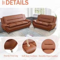 Faux Leather 2 Piece Sofa Set, Modern Orange Living Room Couch and Loveseat with Solid Wood Frames, Foam Filled, Button Tufted