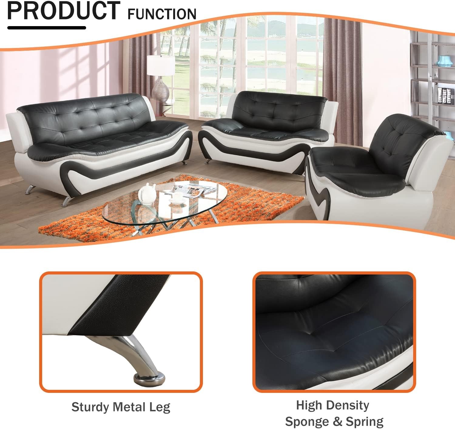Living Room Furniture Set, Faux Leather Sofa Couch Set, 3 Pieces Modern Sofa Set for Living Room/Apartment/Office (Black&White)