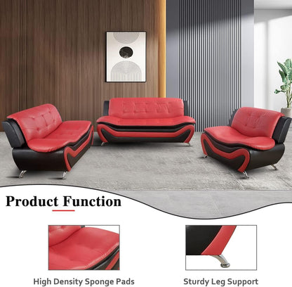 Living Room Furniture Set, Faux Leather Sofa Couch Set, 3 Pieces Modern Sofa Set for Living Room/Apartment/Office (Black&Red)