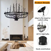 48 Light Large Black Candle Style Wagon Wheel Farmhouse Traditional Chandelier for High Ceilings Foyer Dining Room