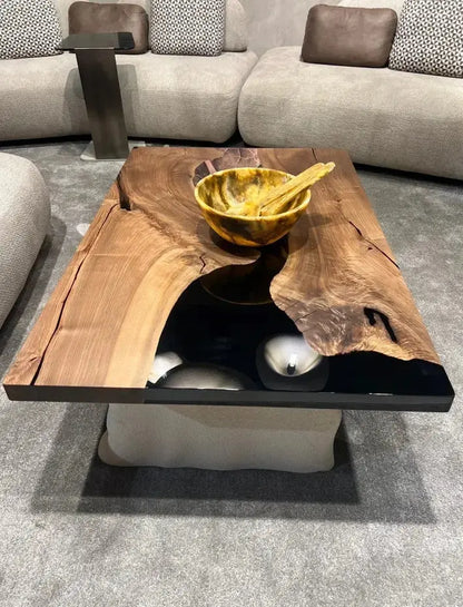 Epoxy-Resin Walnut Coffee Table With Stone Looking Legs
