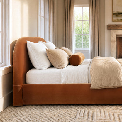 Burnt Velvet King Platform Bed with Puffy Grounded Headboard