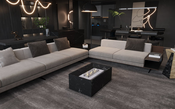 Black Marble Coffee Table with Built-in Fireplace