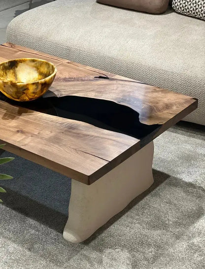 Epoxy-Resin Walnut Coffee Table With Stone Looking Legs